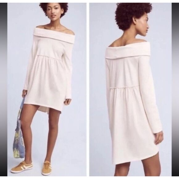 Beige Off-Shoulder Sweater Dress W/ Hidden Pockets Anthropologie Weekend Mood XS - Picture 1 of 9